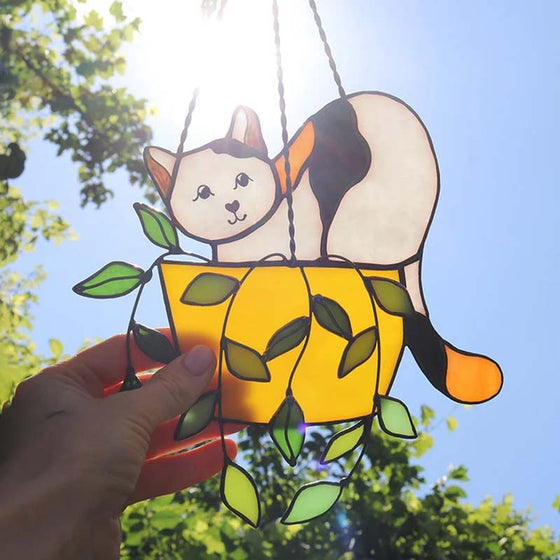 Katze im Blumentopf Suncatcher Buntglasfensterhänger