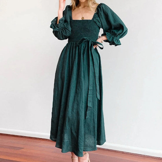 French Ruffled Lantern Sleeves Multi-wear Dress Green