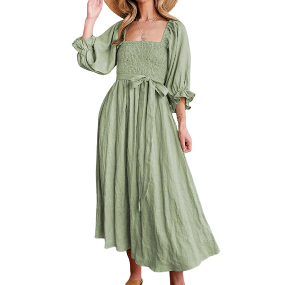 French Ruffled Lantern Sleeves Multi-wear Dress Green