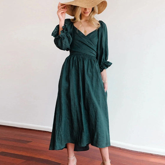 French Ruffled Lantern Sleeves Multi-wear Dress Green