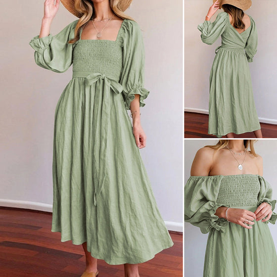 French Ruffled Lantern Sleeves Multi-wear Dress Green